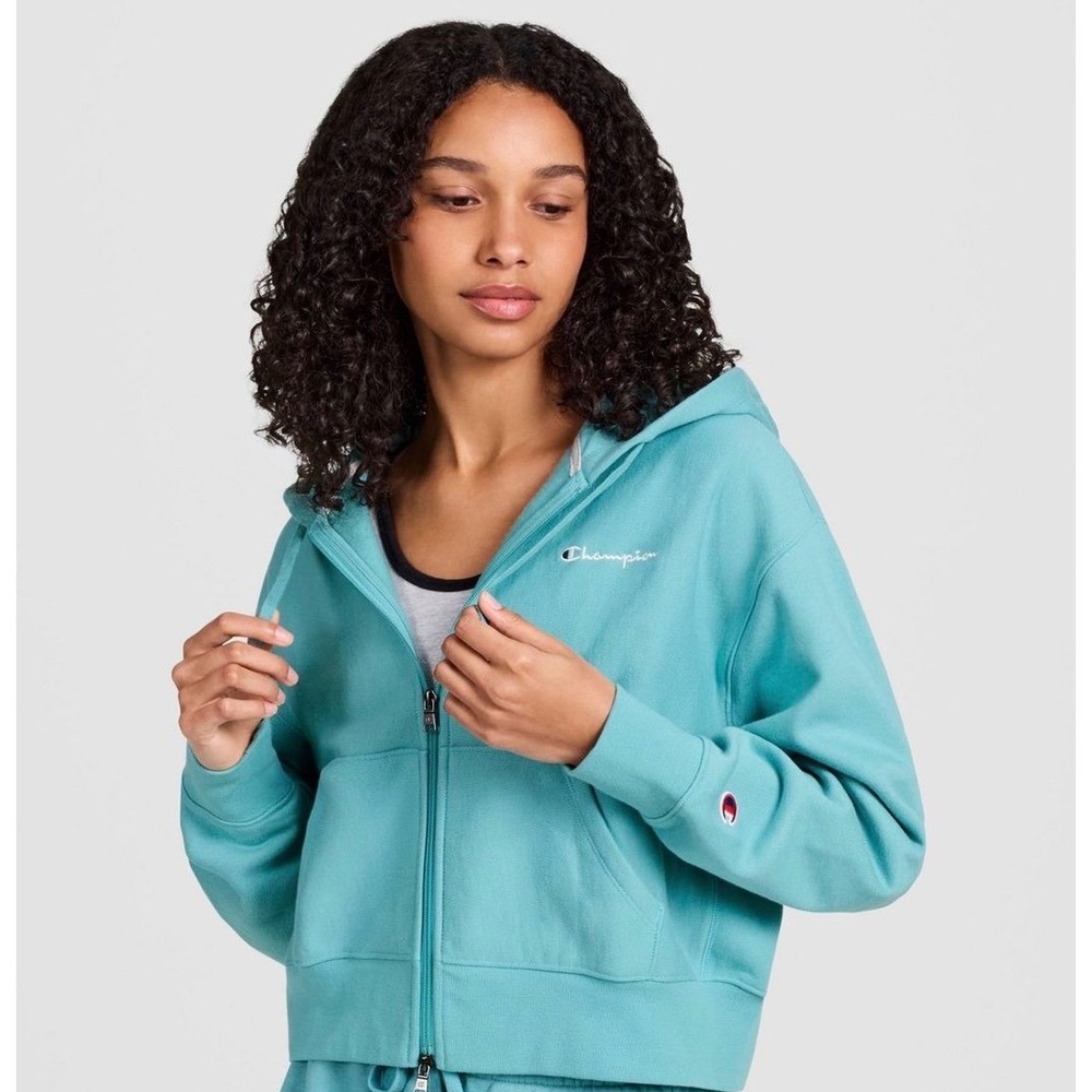 Champion Iconic Cropped Full Zip Hoodie Milky Way Blue Womens Small